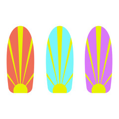 set of 3 surfboards in different colors orange, blue and purple with yellow sun on a white background