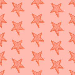 Fototapeta na wymiar seamless pattern on orange background with starfish arranged in rows