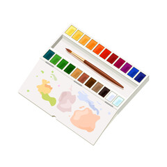 A box with watercolors and a brush. Paints for drawing on paper. Spots of bright color. Vector isolated illustration on white background.