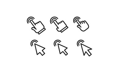 Arrow and hands click icons. Pointer vectors clicking.