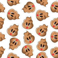 Seamless pattern with kawaii poop on white background. Cartoon poo, feces icons. Shit patterns, evil turd. Vector illustration for invitation, poster, card, fabric, textile. Doodle style