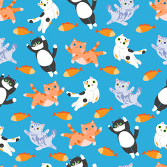 cat and fish. seamless pattern with kittens. tricolor, striped and red cats. tabby cat. stock vector seamless texture with pets.