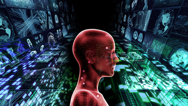 Mass Surveillance Spy-cam Smart City AI Network Technology 3D Illustration