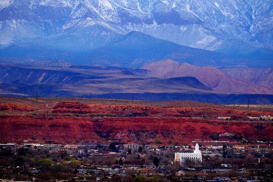 St. George Utah Valley with Mormon LDS Temple Red Cliffs and Snow Covered Mountains