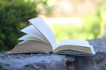Open book in a garden. Selective focus.