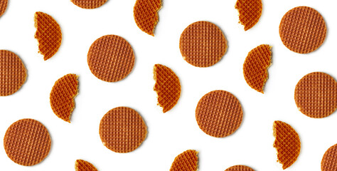 Dutch caramel waffle isolated on white, from above