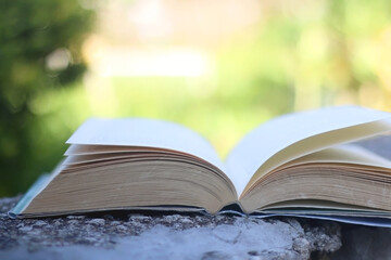 Open book in a garden. Selective focus.