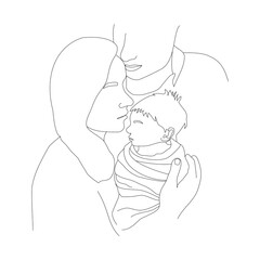 Silhouette of dad, mom and baby in a minimal style. Continuous art in an elegant style for prints, posters, textiles.