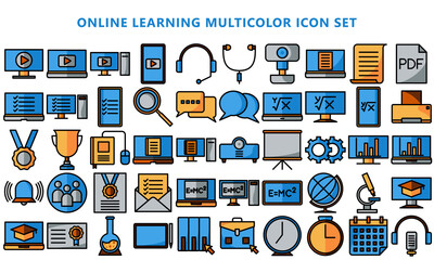 bundle of education online, multicolor icons set related to online learning. Symbols such as source programs, media equipment, ebook are included. vector EPS 10, ready convert to SVG