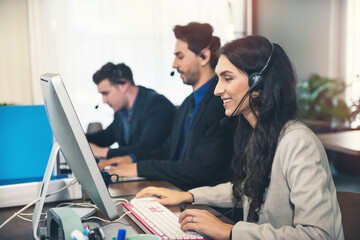 Call Center Service. Customer support or sales agent. Group of callers or receptionist phone...