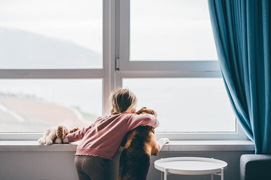 Dog And Baby Girl Staring Out A Large Window.