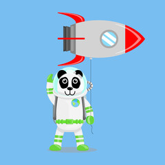 Fototapeta premium Illustration vector graphic cartoon of cute panda astronaut holding balloon shaped a spaceship. Childish cartoon design suitable for product design of children's books, t-shirt etc