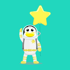 Illustration vector graphic cartoon of cute penguin astronaut holding balloon shaped a star. Childish cartoon design suitable for product design of children's books, t-shirt etc