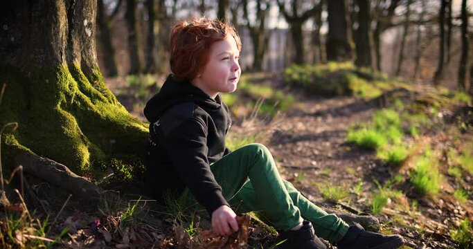 happy redhead kid, boy is playing with fallen leaves in spring forest