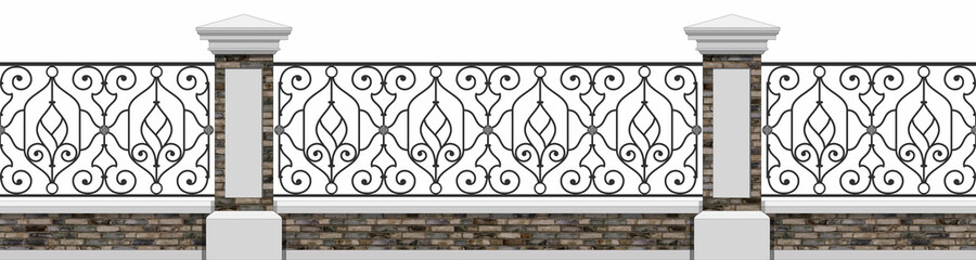 Classic Iron Fence With Brick Pillars. Ancient Wrought Iron Fence. Urban Design. Decor. Vintage. Luxury Modern Architecture. Ornamental fence. Palace. City. Street. Park. Blacksmithing. Isolated.
