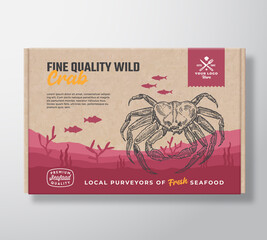 Fine Quality Seafood Cardboard Box. Abstract Vector Food Packaging Label Design. Modern Typography and Hand Drawn Crab and Fishes Silhouettes. Sea Bottom Landscape Background Layout with Banner