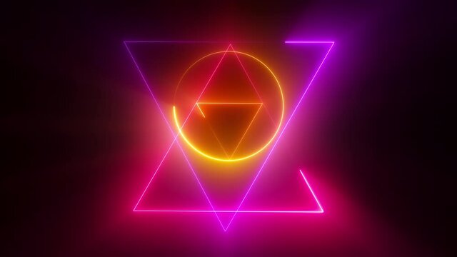 Esoteric 3d render triangle with glowing lines and star david. Occult bright geometric pentacle that ignites in mystical witchcraft fire. Polygonal alchemical talisman with pagan symbols.
