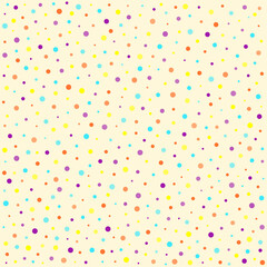Seamless pattern with color dots, abstract colorful flying in the air confetti on peach colour background