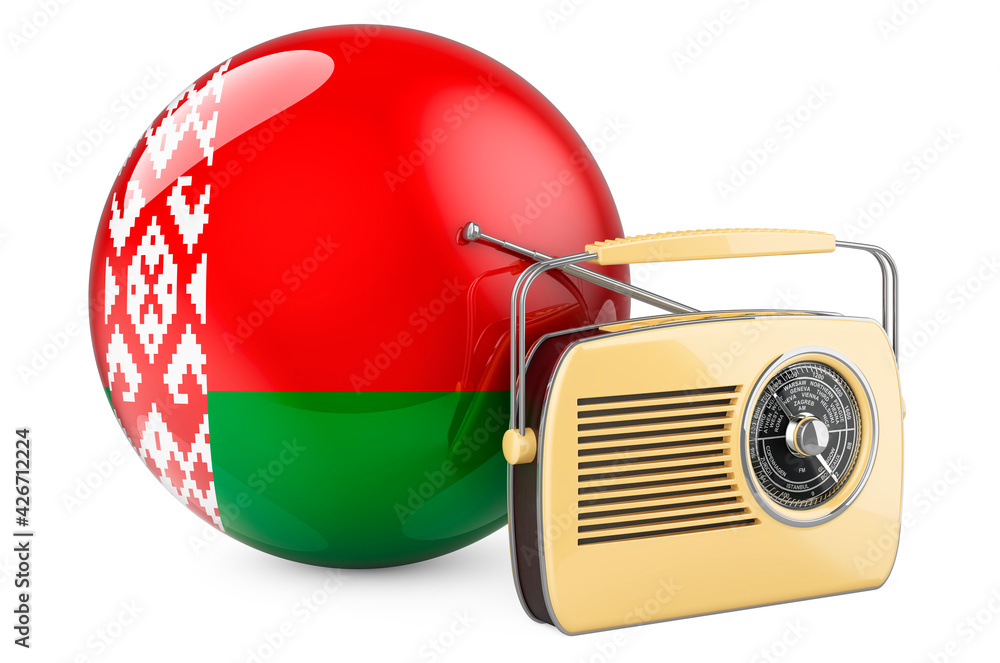 Aufkleber radio broadcasting in belarus concept. radio receiver with belarusian flag. 3d rendering