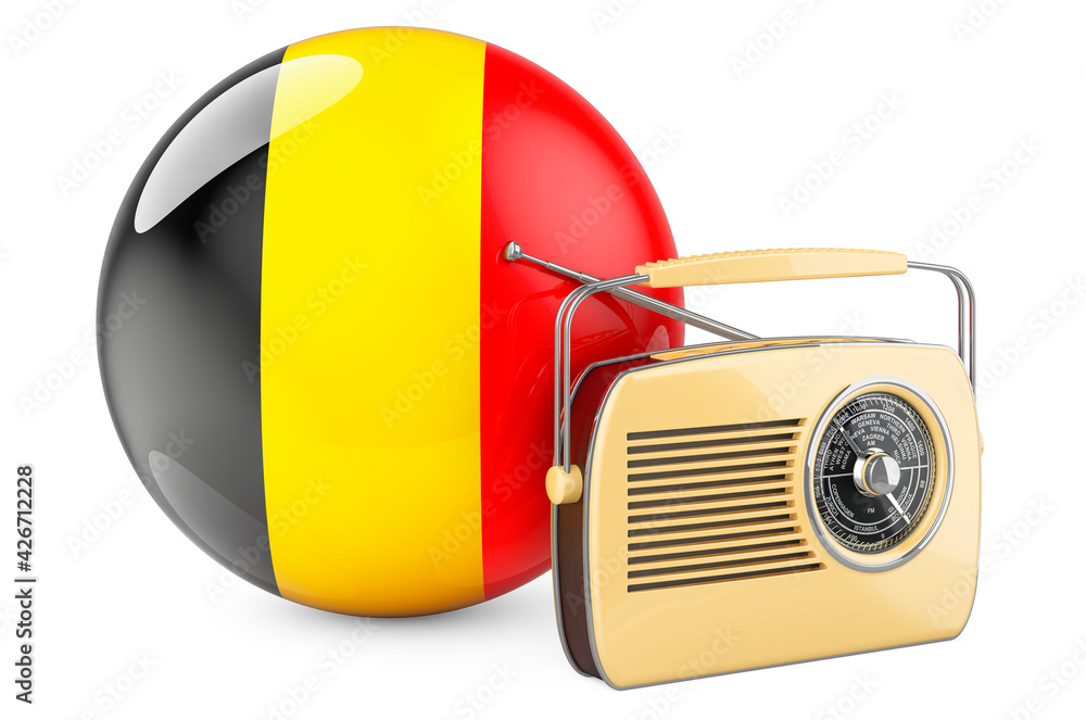 Poster radio broadcasting in belgium concept. radio receiver with belgian flag. 3d rendering
