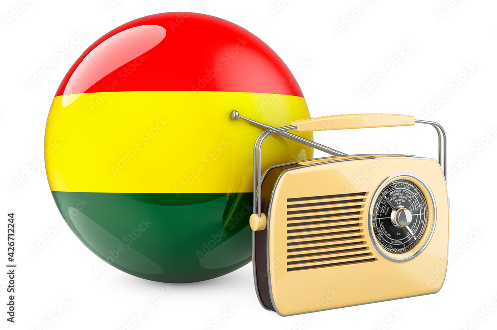 Poster radio broadcasting in bolivia concept. radio receiver with bolivian flag. 3d rendering