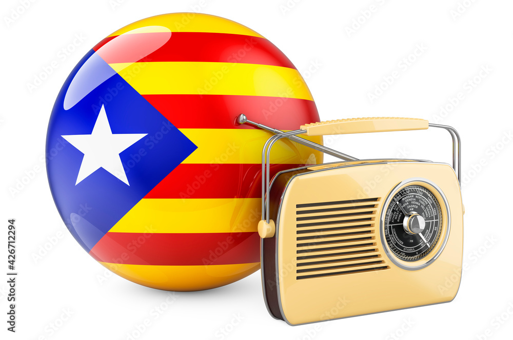 Poster radio broadcasting in catalonia concept. radio receiver with catalan flag. 3d rendering
