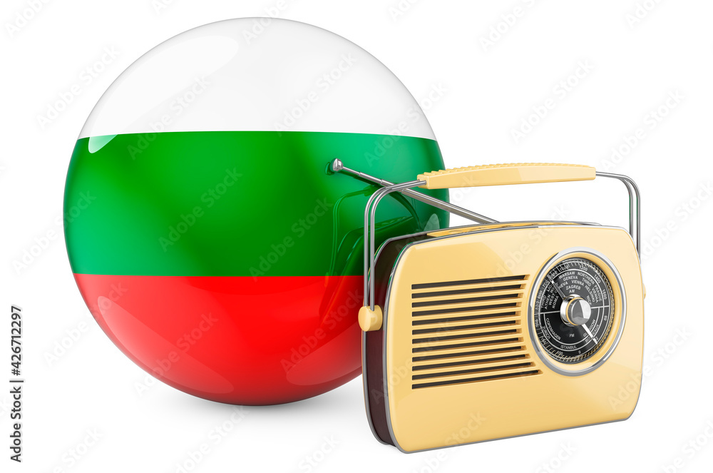 Poster radio broadcasting in bulgaria concept. radio receiver with bulgarian flag. 3d rendering