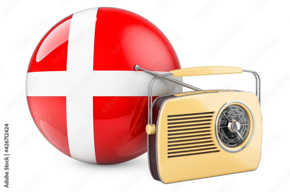 Aufkleber radio broadcasting in denmark concept. radio receiver with danish flag. 3d rendering