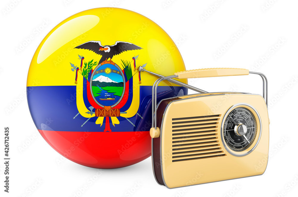 Poster radio broadcasting in ecuador concept. radio receiver with ecuadorian flag. 3d rendering