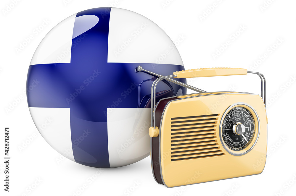 Aufkleber radio broadcasting in finland concept. radio receiver with finnish flag. 3d rendering