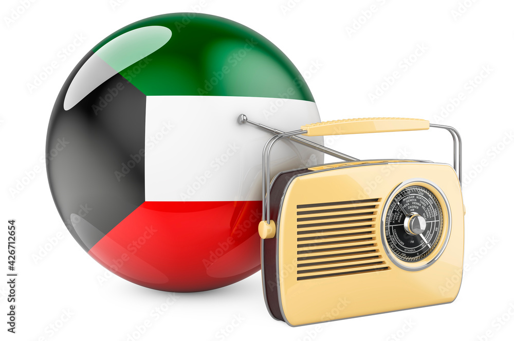 Aufkleber radio broadcasting in kuwait concept. radio receiver with kuwaiti flag. 3d rendering