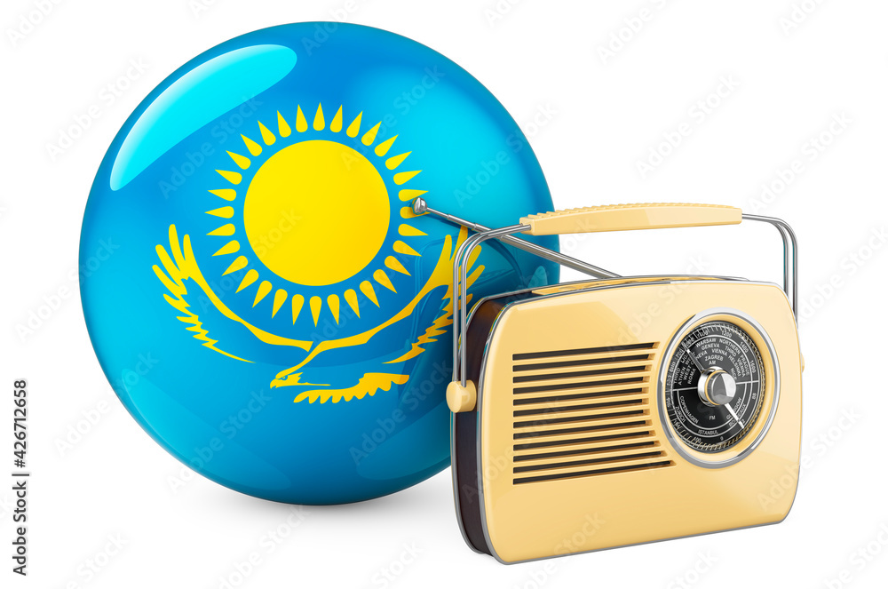 Poster radio broadcasting in kazakhstan concept. radio receiver with kazakh flag. 3d rendering