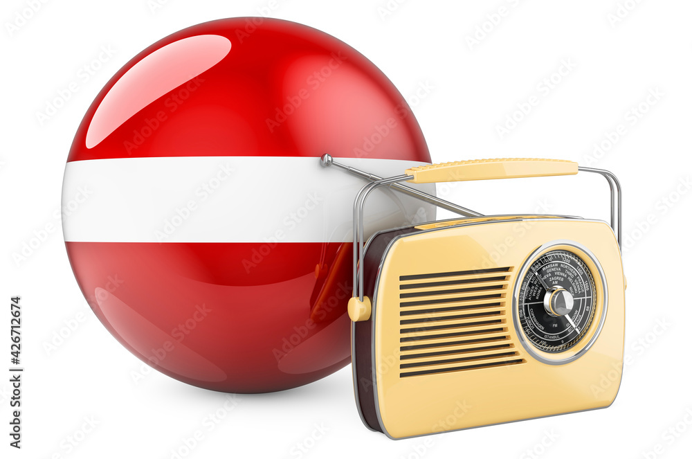 Aufkleber radio broadcasting in latvia concept. radio receiver with latvian flag. 3d rendering