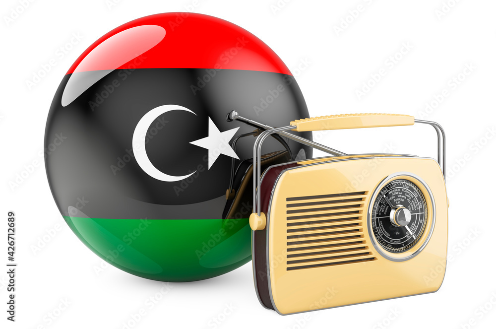 Poster radio broadcasting in libya concept. radio receiver with libyan flag. 3d rendering