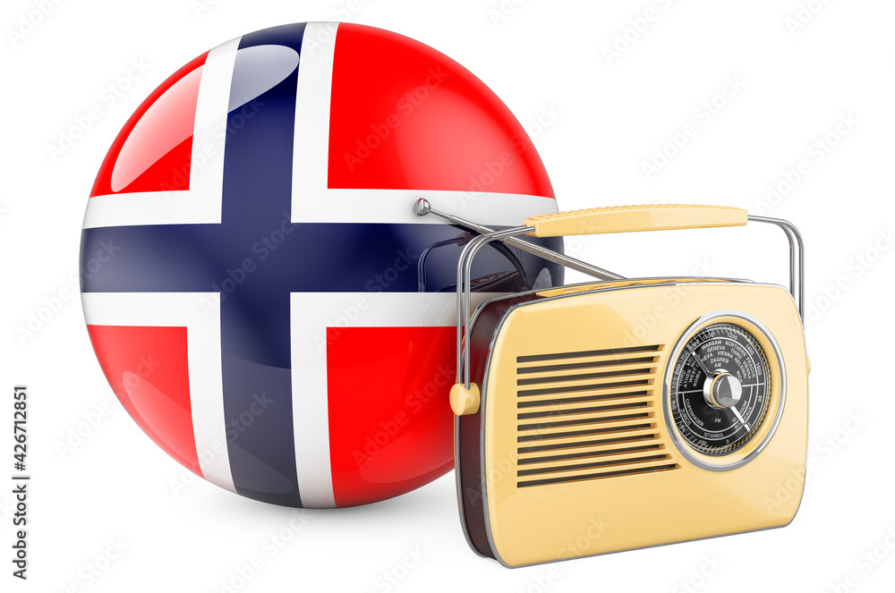 Poster radio broadcasting in norway concept. radio receiver with norwegian flag. 3d rendering