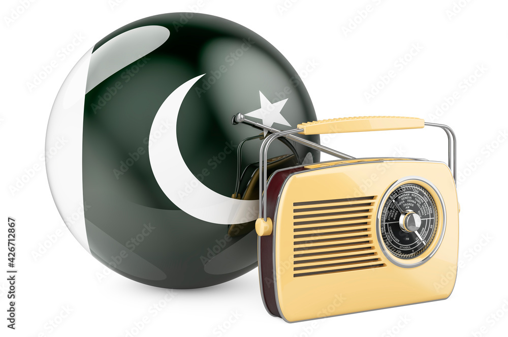 Poster radio broadcasting in pakistan concept. radio receiver with pakistani flag. 3d rendering