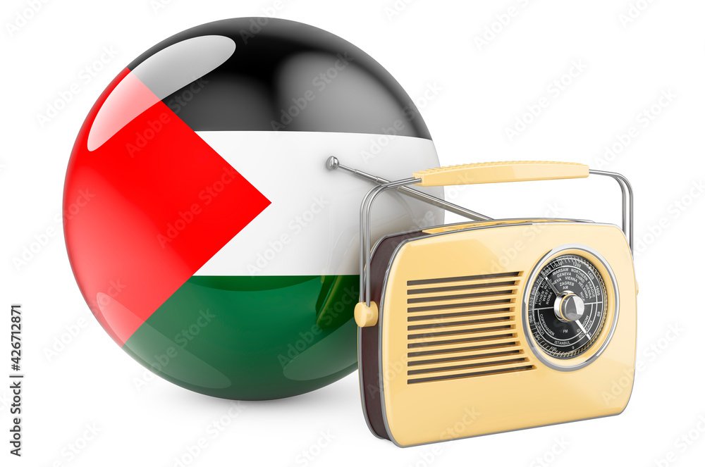 Poster radio broadcasting in palestine concept. radio receiver with palestinian flag. 3d rendering