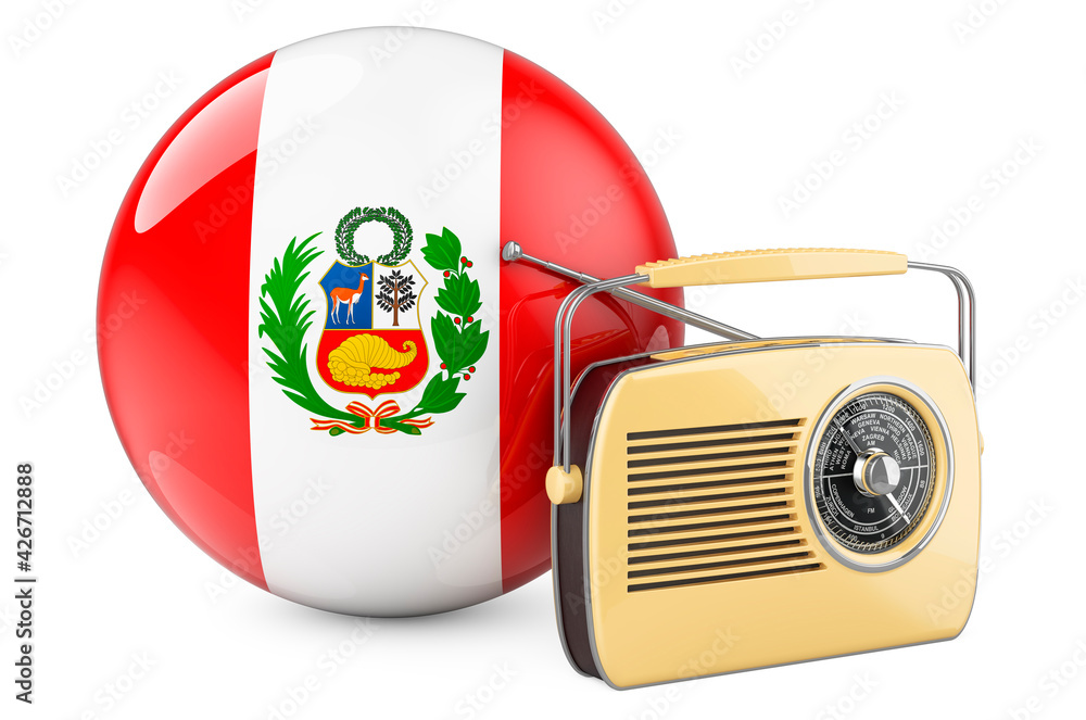 Poster radio broadcasting in peru concept. radio receiver with peruvian flag. 3d rendering