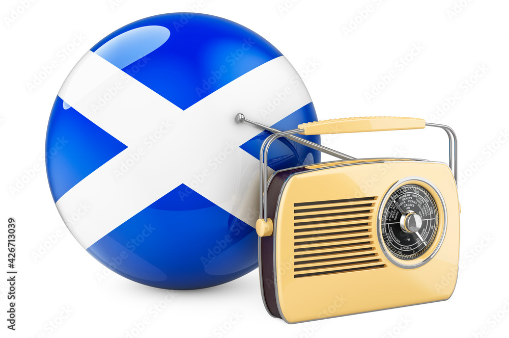 Aufkleber radio broadcasting in scotland concept. radio receiver with scottish flag. 3d rendering