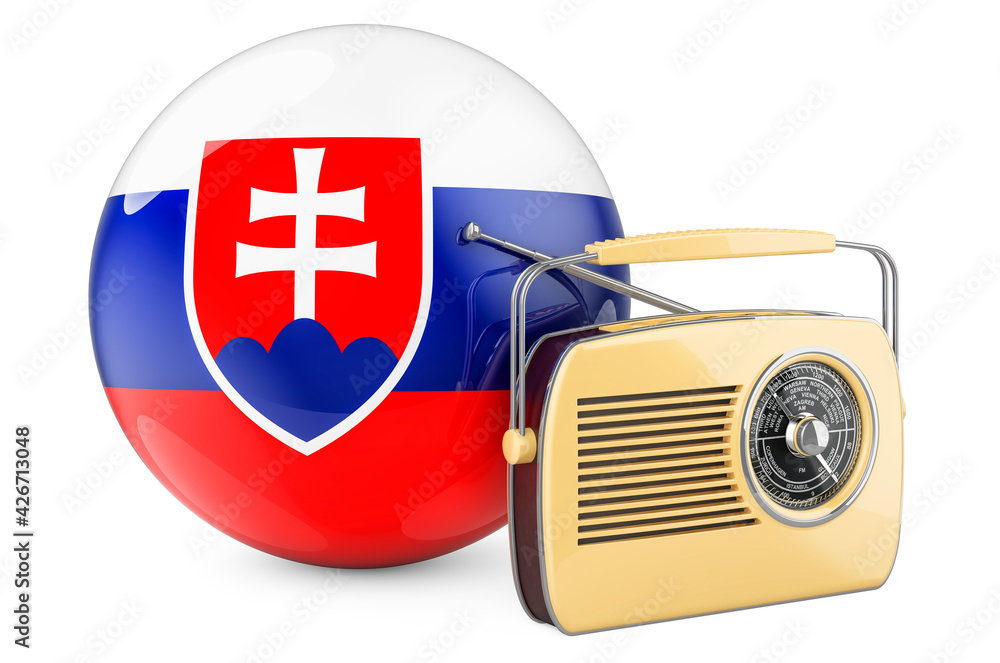 Poster radio broadcasting in slovakia concept. radio receiver with slovak flag. 3d rendering