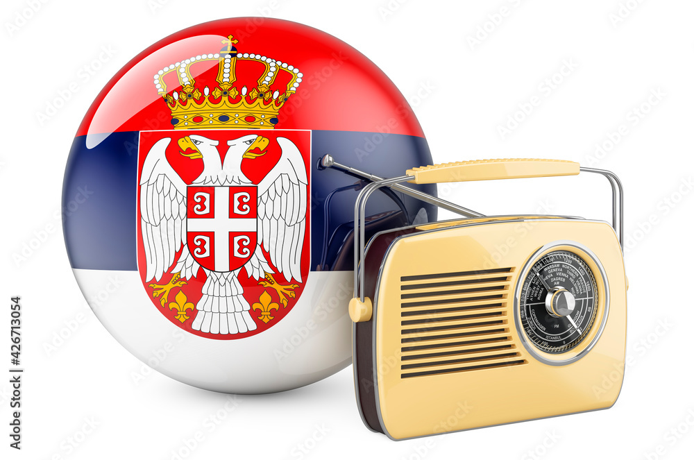 Poster radio broadcasting in serbia concept. radio receiver with serbian flag. 3d rendering