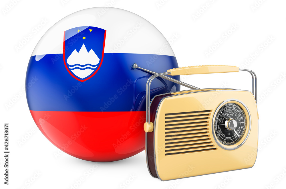 Poster radio broadcasting in slovenia concept. radio receiver with slovenian flag. 3d rendering