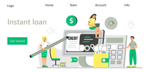 Instant loan vector for landing page. Online credit, loan, tax payment concept, when tiny people filling get bill, approved credit, it can be use for landing page
