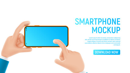 Mockup with cartoon hands and smartphone. Template of smart phone with blank display in cartoon hands isolated on white background. Vector illustration mobile device concept.

