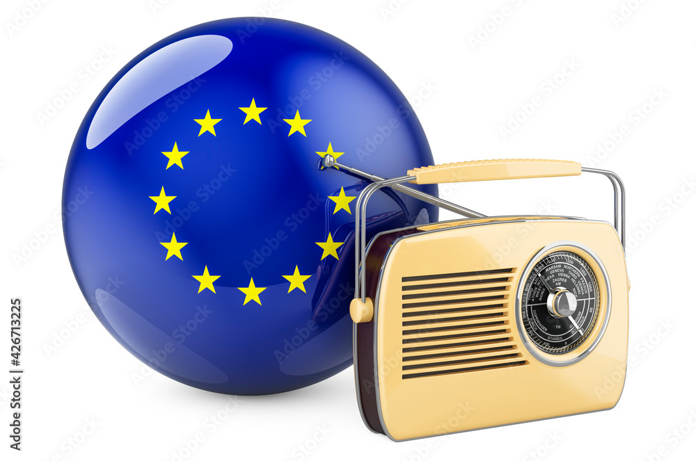Poster radio broadcasting in the european union concept. radio receiver with the eu flag. 3d rendering