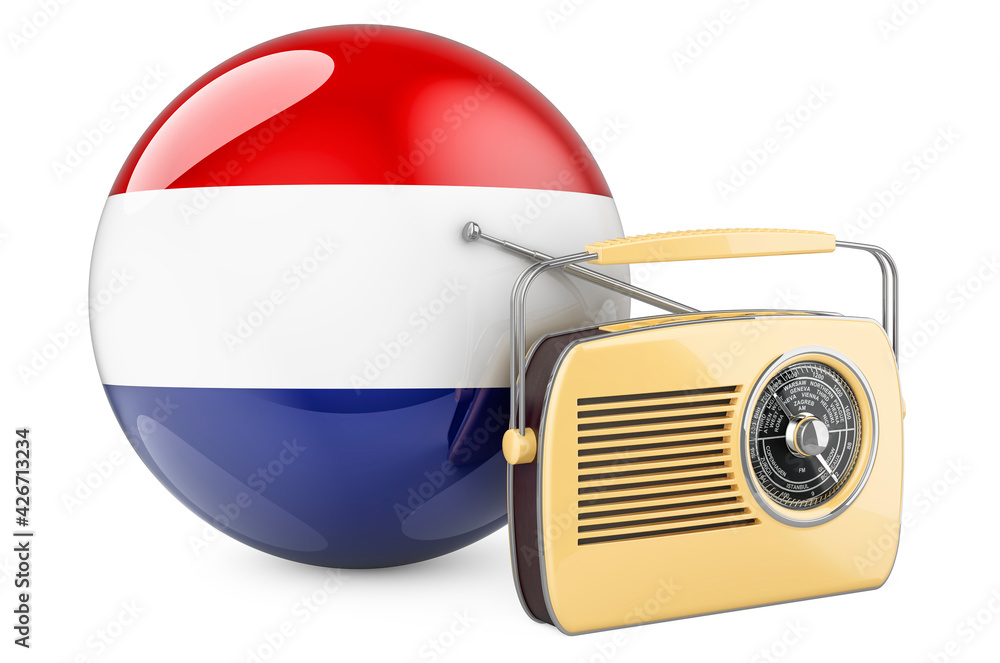 Aufkleber radio broadcasting in the netherlands concept. radio receiver with the netherlands flag. 3d renderin