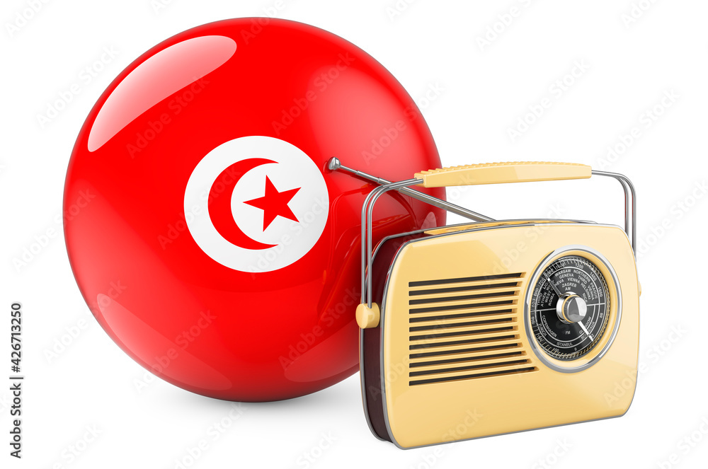 Poster radio broadcasting in tunisia concept. radio receiver with tunisian flag. 3d rendering