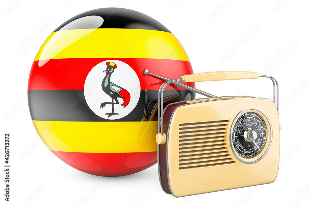 Aufkleber radio broadcasting in uganda concept. radio receiver with ugandan flag. 3d rendering