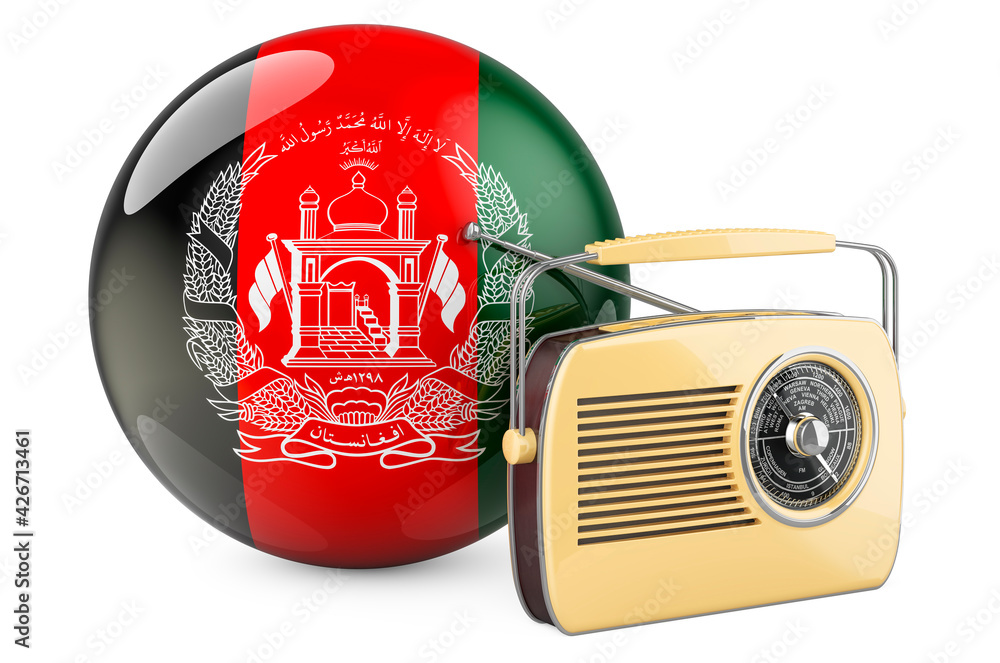 Poster radio broadcasting in afghanistan concept. radio receiver with afghan flag. 3d rendering