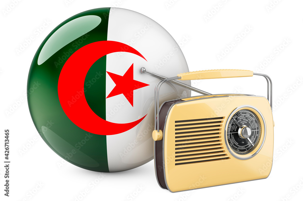 Poster radio broadcasting in algeria concept. radio receiver with algerian flag. 3d rendering